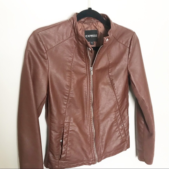 Express - Brown Pleather Zip Biker Jacket - Picture 2 of 6